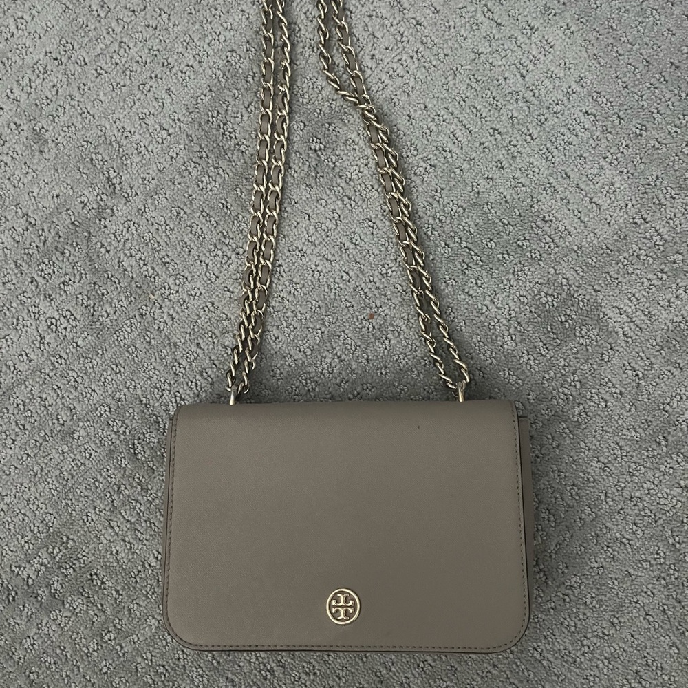 Tory Burch taupe flap bag with gold hardware